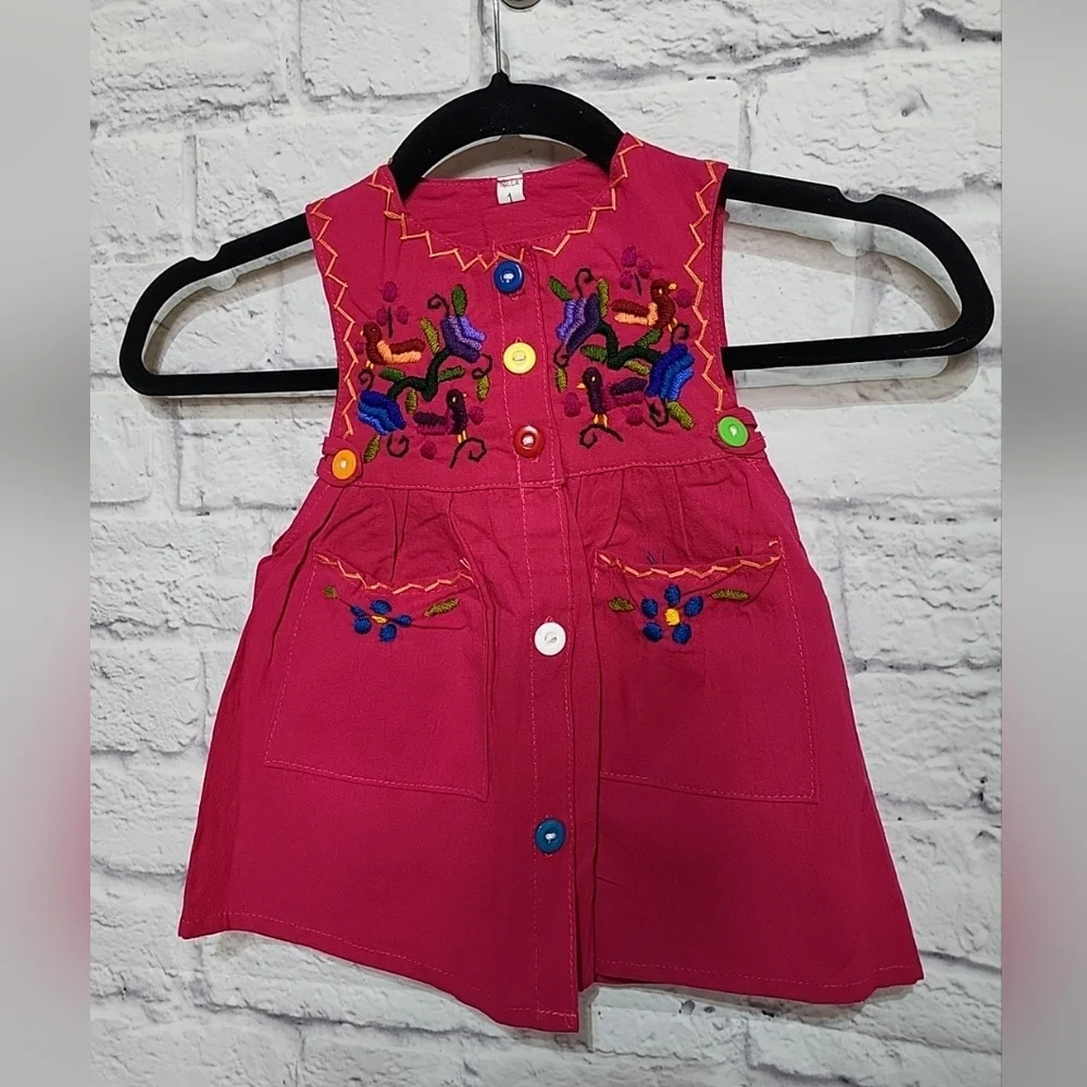 Girls / Kids Fuchsia‎ Pink Embroidered Sleeveless Button Up Dress EUC
